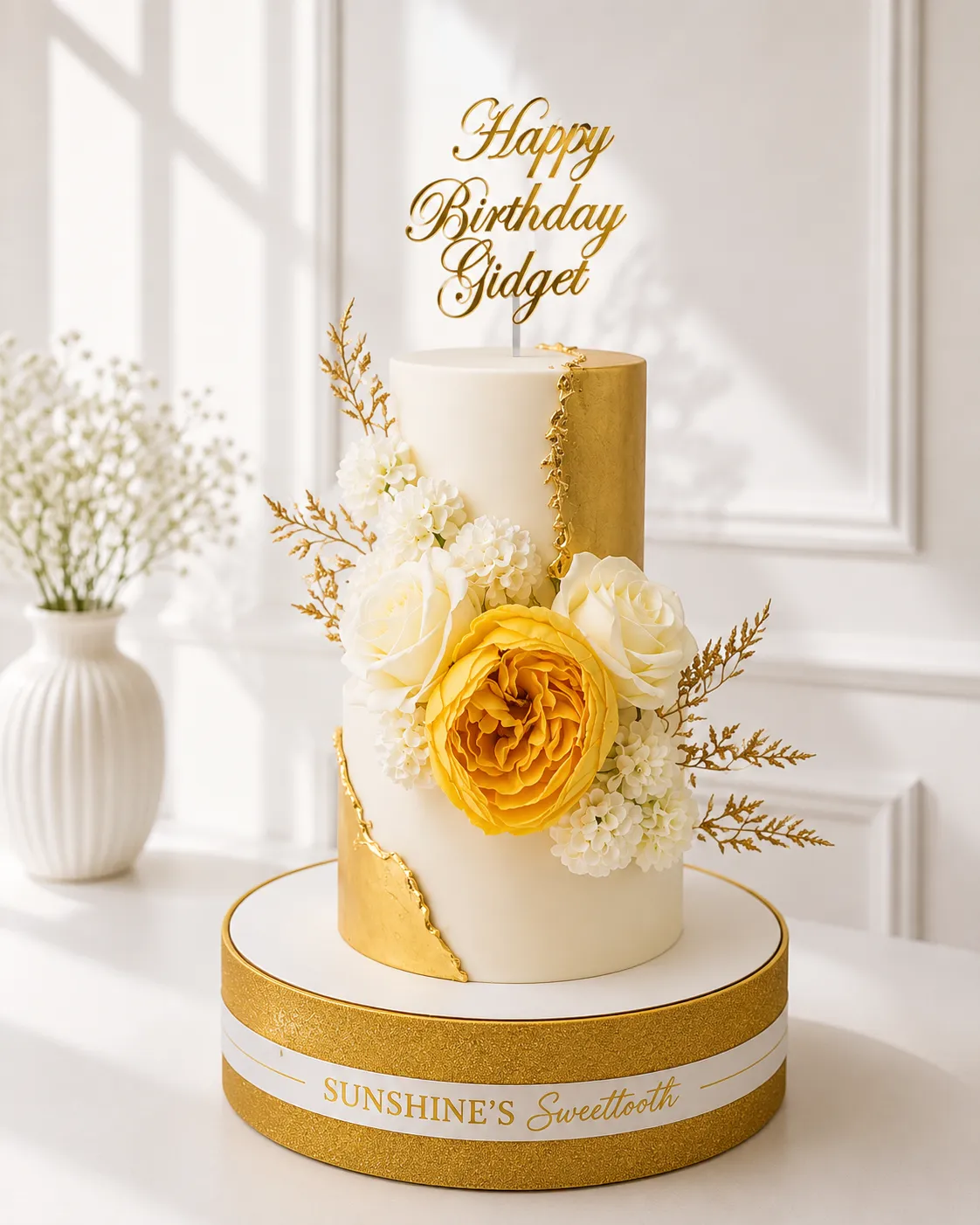 2-Tier White & Gold Birthday Cake | 50th Birthday Cake | 01