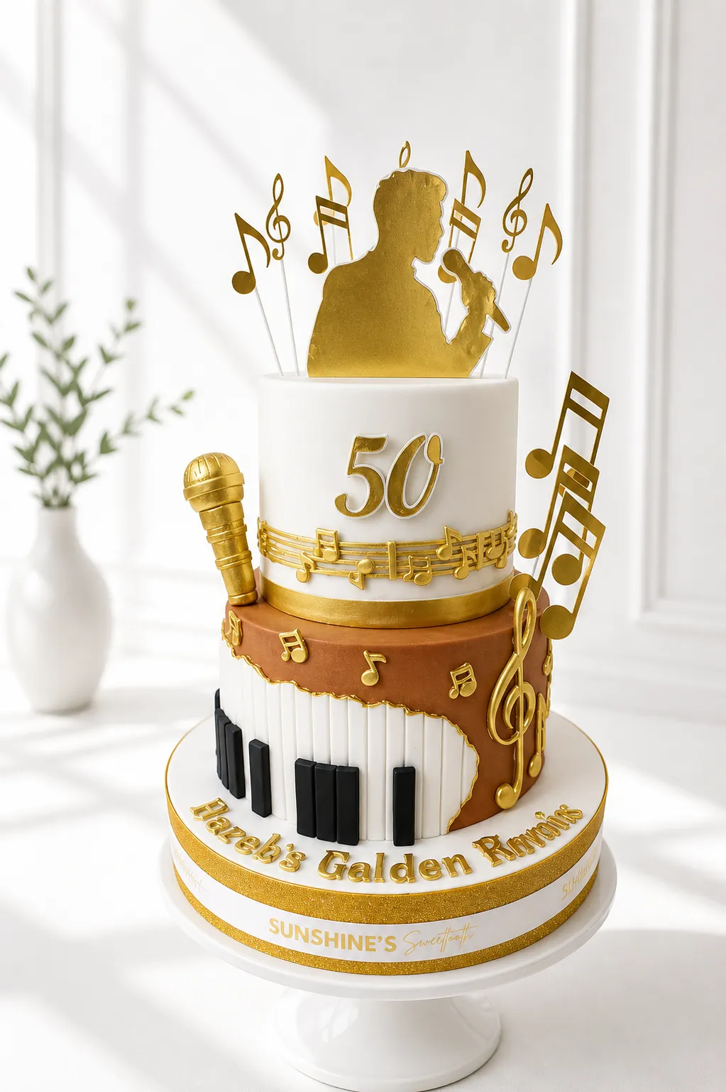 2-Tier White & Gold Birthday Cake | 50th Birthday Cake | 03