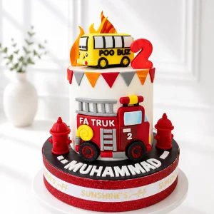 Bus & Fire Truck Birthday Cake | Transportation Theme Cake | 01