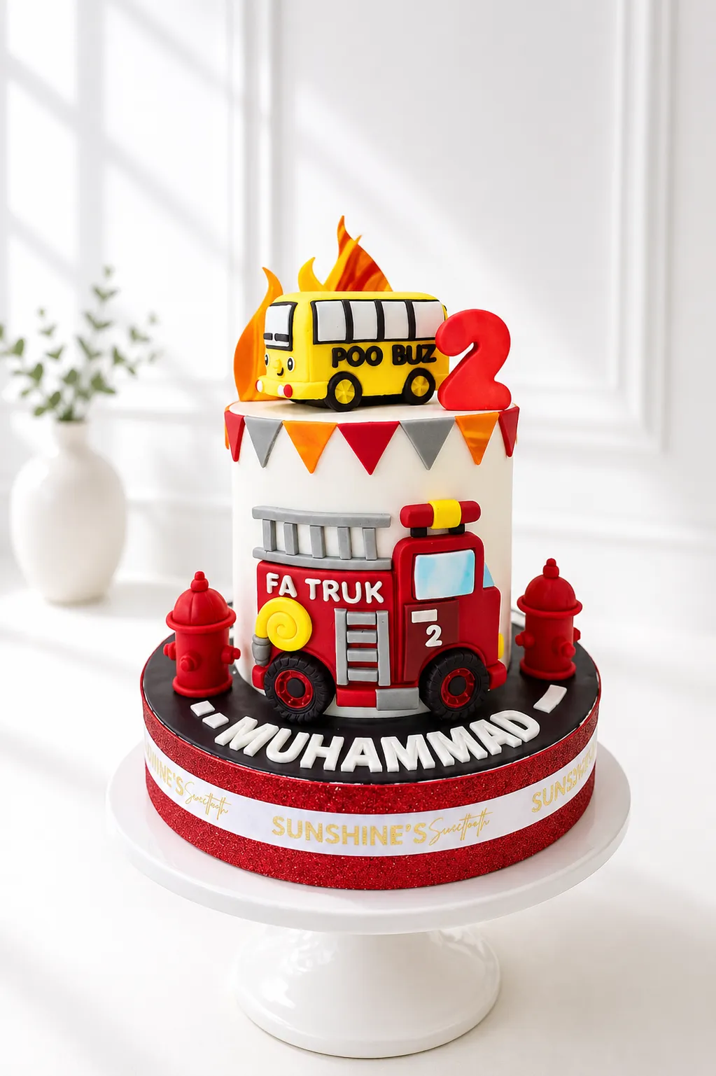 Bus & Fire Truck Birthday Cake | Transportation Theme Cake | 01