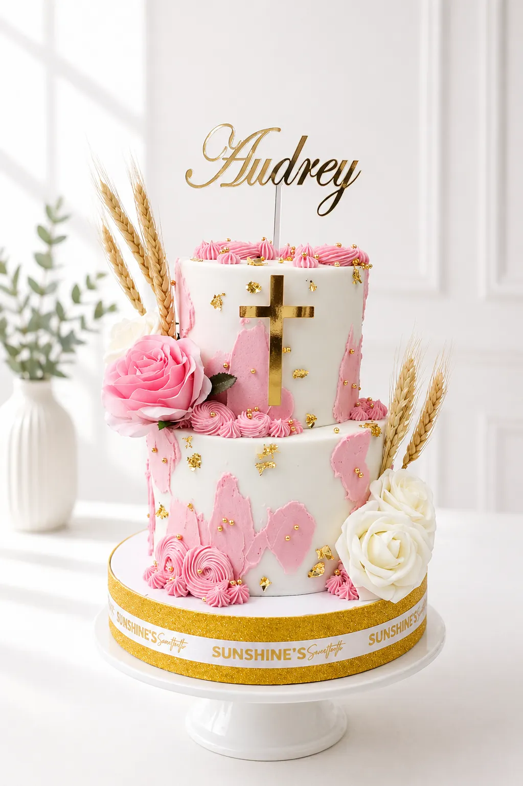 2 Tier Baptism Cake | Floral Baby Dedication Cake | 01