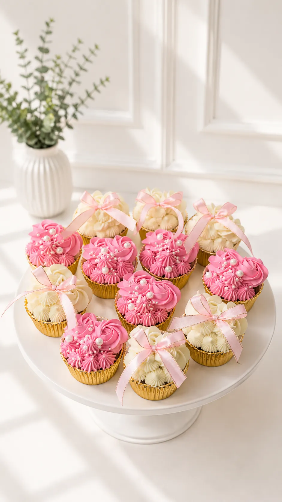 Pastel Pink Ribbon Cupcakes | 6-Piece Set | 01